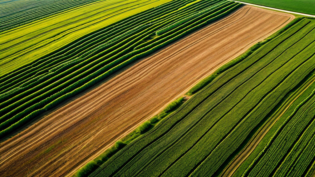 Financial data overlaid on aerial farm photography
