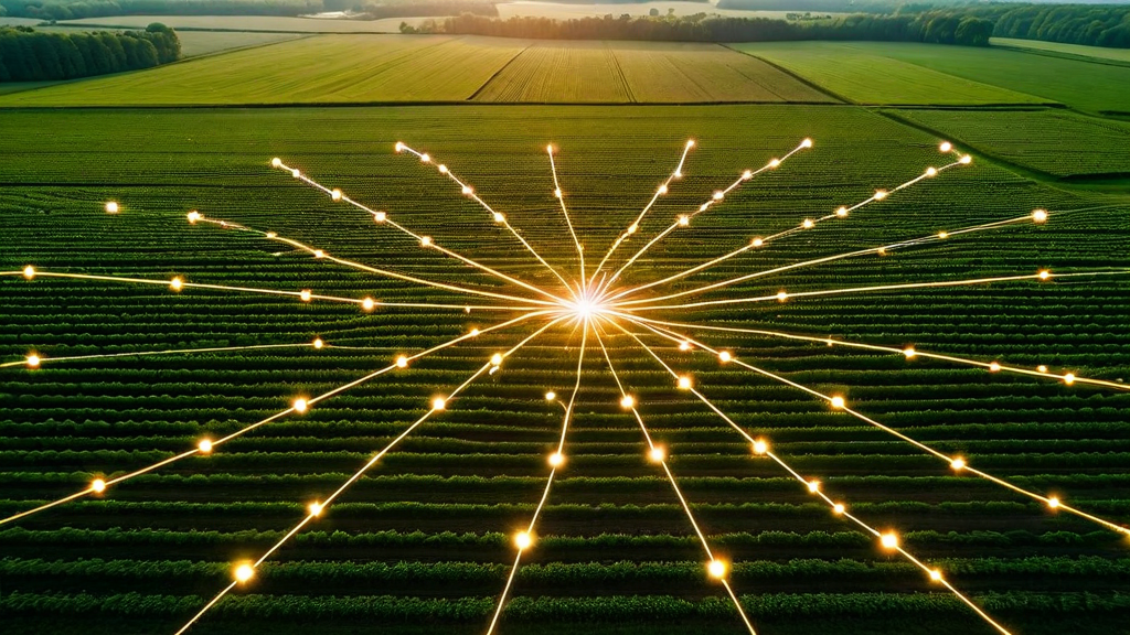Data network visualization overlaid on farm aerial photography
