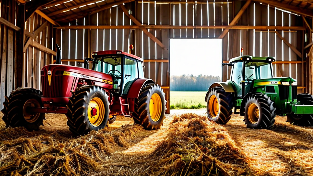 Old and new farm equipment side by side in a barn